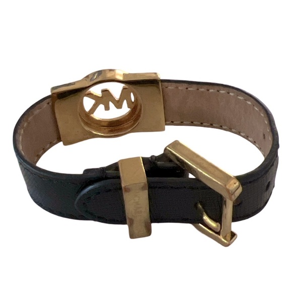 MICHAEL KORS • Black Leather Gold Logo Adjustable Bracelet - Picture 7 of 12